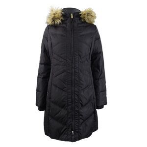 Jones New York Women's Faux-Fur-Trim Hooded Puffer Coat (XXS, Black)